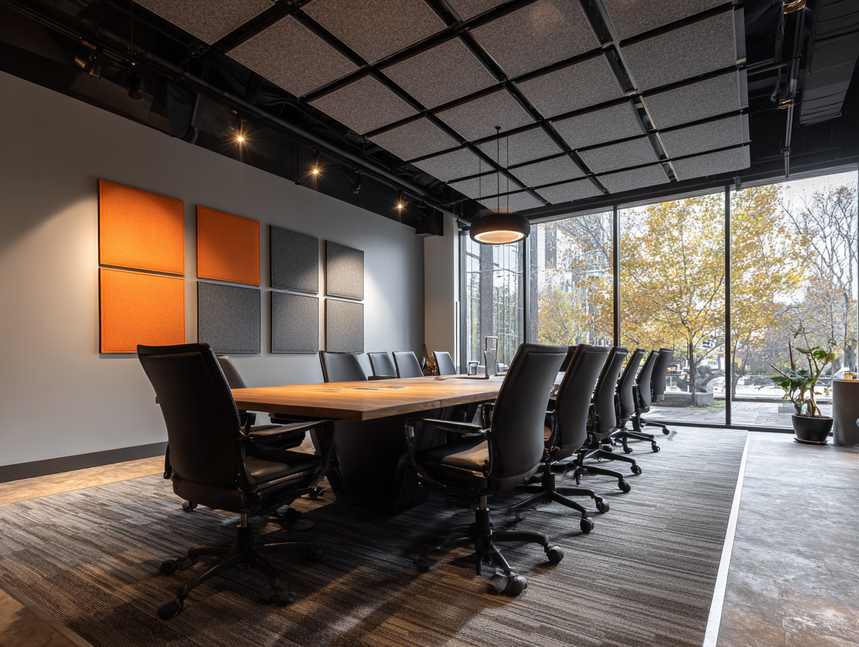 A modern office conference room with fabric-covered acoustic panels